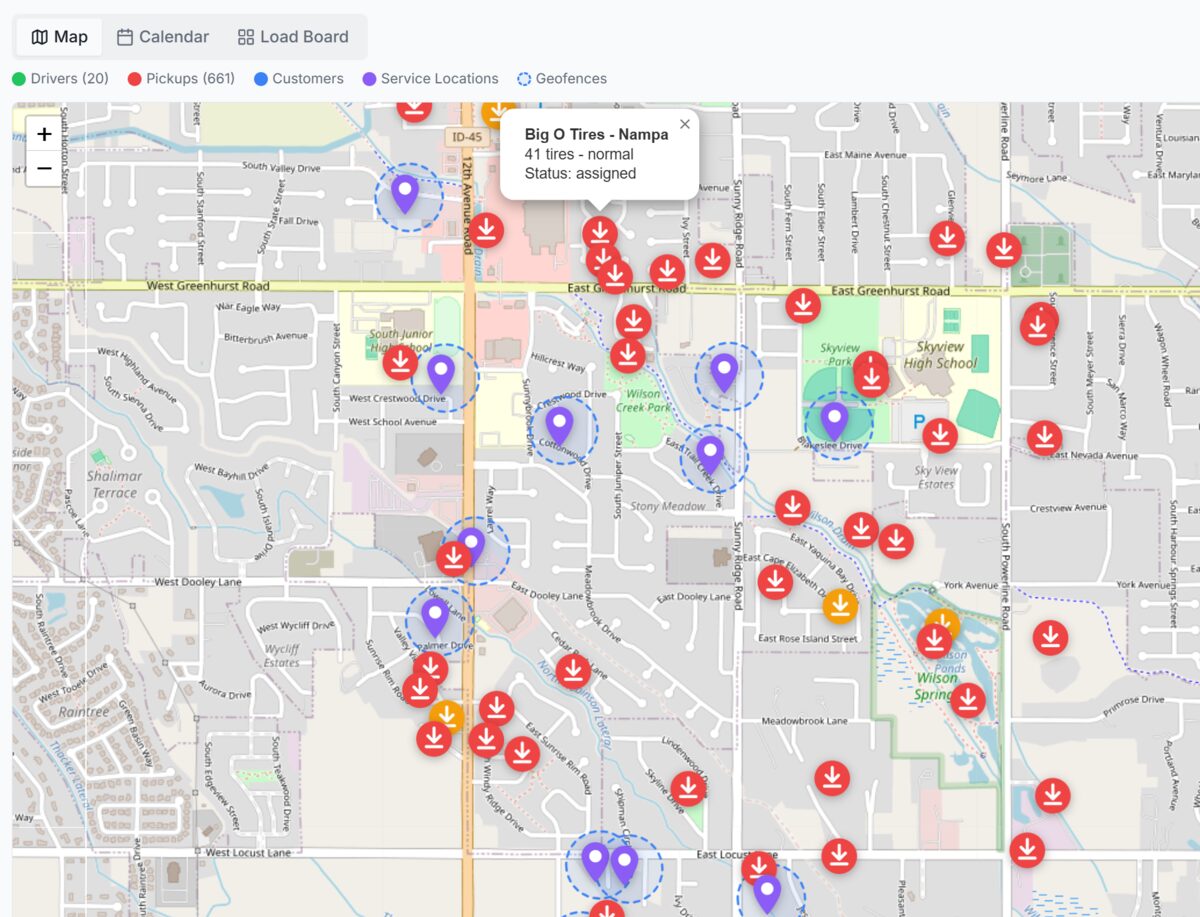 RecWaste dispatch map showing pickup locations, service locations, and geofence boundaries