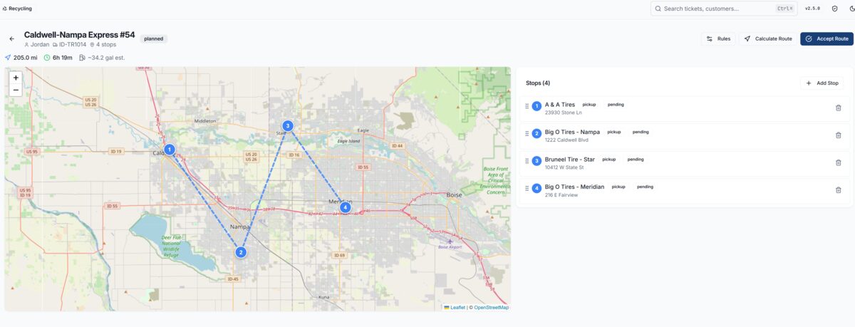 RecWaste route planner with OSRM road-following polylines and stop management