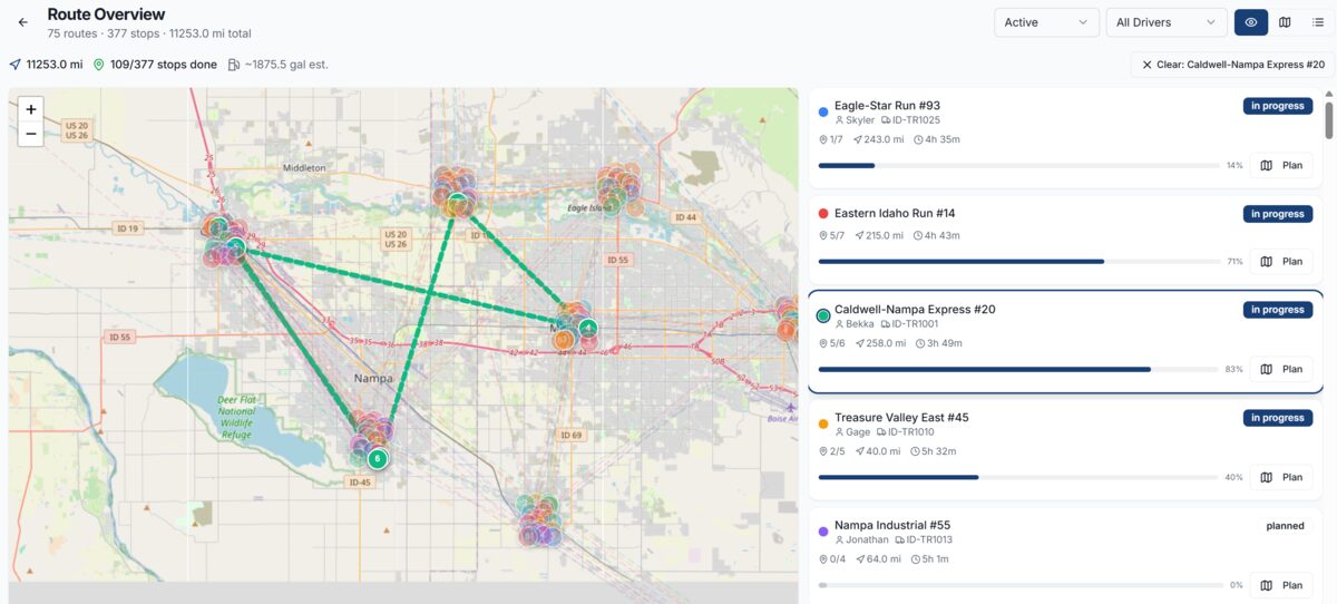 RecWaste route overview showing active routes across Idaho with progress bars and driver assignments